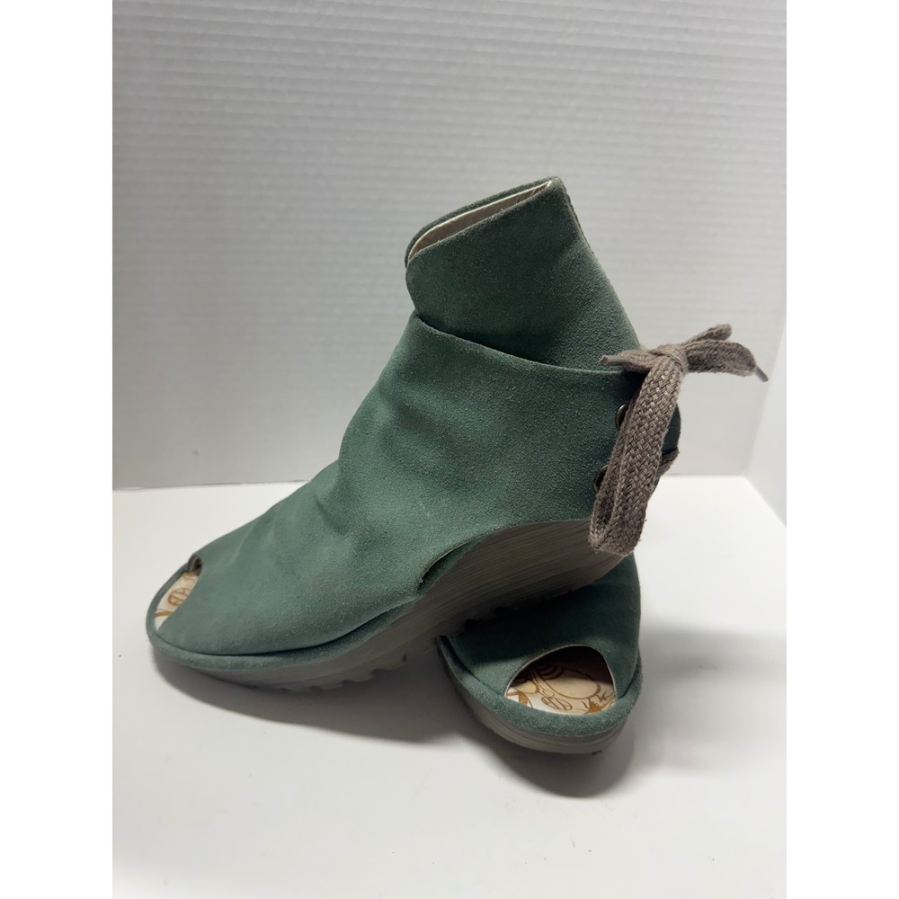 Fly London Yala Teal Green Suede Peep Toe Wedge Sandals Lace Up Back 40